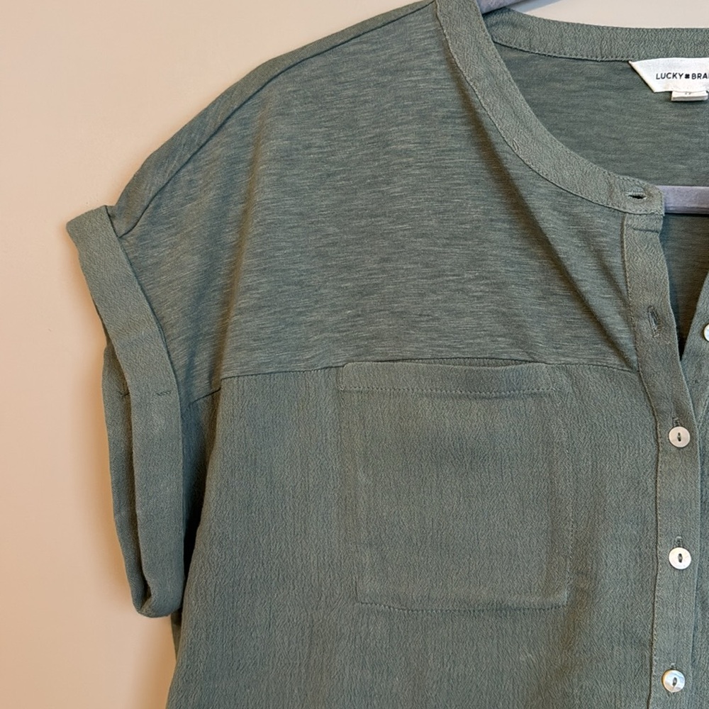 NWT Lucky Brand Mixed Media Short Sleeve Cotton Henley Top, Green, size Medium - Picture 5 of 10